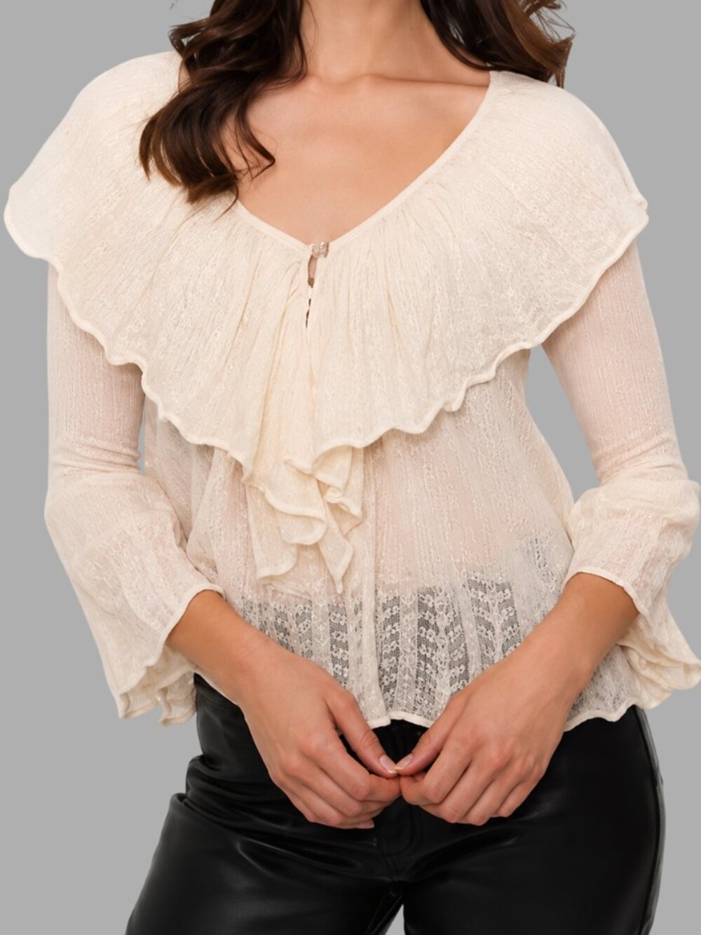 Zara Women's Ruffled Pointelle Blouse Knit Wool Blend Ivory Size Small - Picture 4 of 10